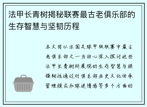 法甲长青树揭秘联赛最古老俱乐部的生存智慧与坚韧历程