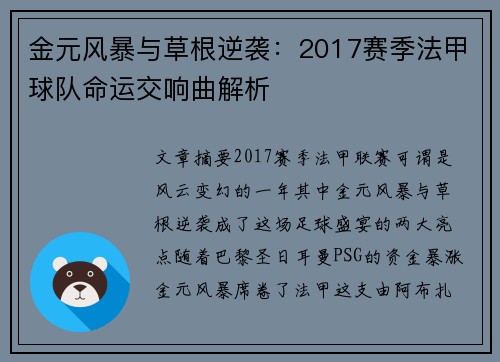 金元风暴与草根逆袭：2017赛季法甲球队命运交响曲解析