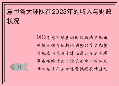 意甲各大球队在2023年的收入与财政状况