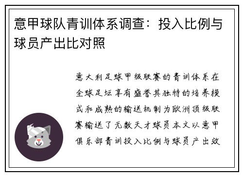 意甲球队青训体系调查：投入比例与球员产出比对照