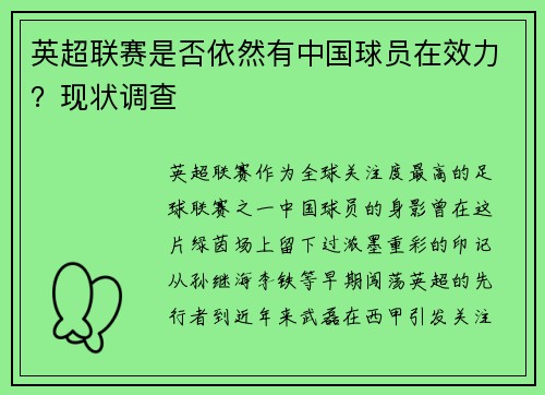英超联赛是否依然有中国球员在效力？现状调查
